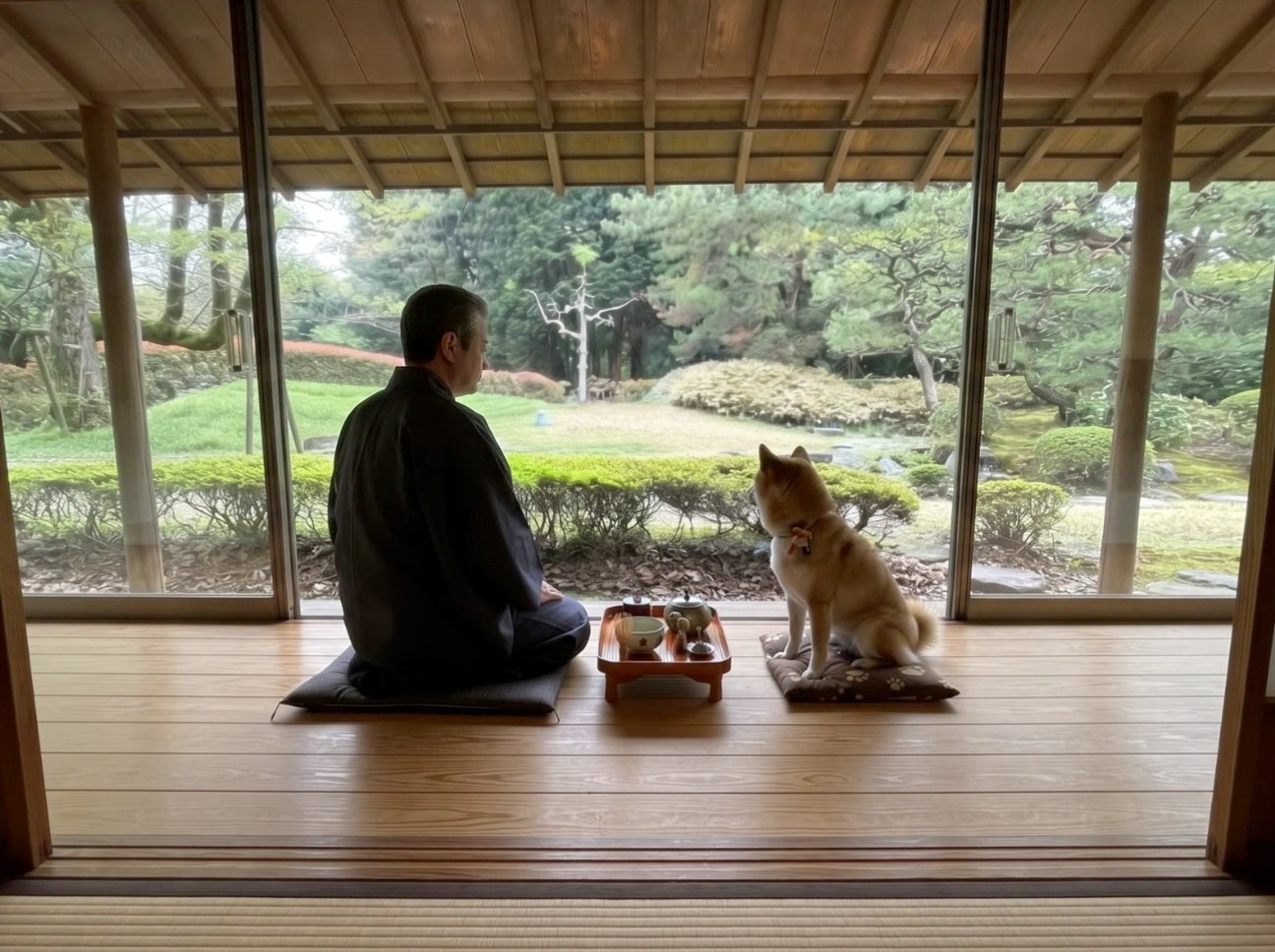 縁側で愛犬と並んでひと休みする様子のイメージ